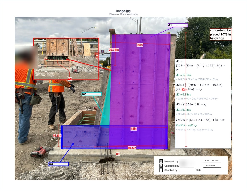 A site photograph of a formed concrete face in the markup editor: three areas shaded and labelled A1, A2 and A3, each dimensioned in inches, an inset close-up joined by a leader, and a calc box on the photo that computes A1 = 1.91 sy, A2 = 0.18 sy and A3 = 0.92 sy from those dimensions and totals 4.01 cubic yards, with a measured-by / calculated-by / checked-by block beneath.