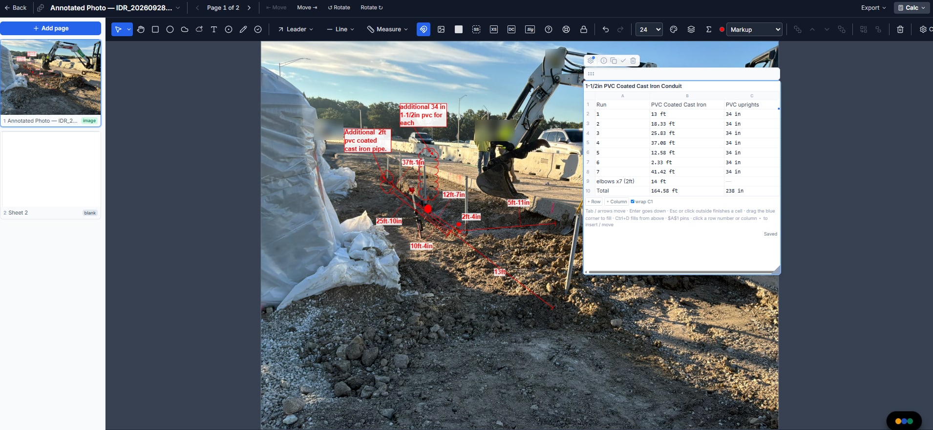 A site photograph of a conduit trench open in the markup editor: seven conduit runs dimensioned in red on the photo with two notes, and beside it a calc table listing each run in feet with its upright in inches, elbows, and totals of 164.58 feet and 238 inches.