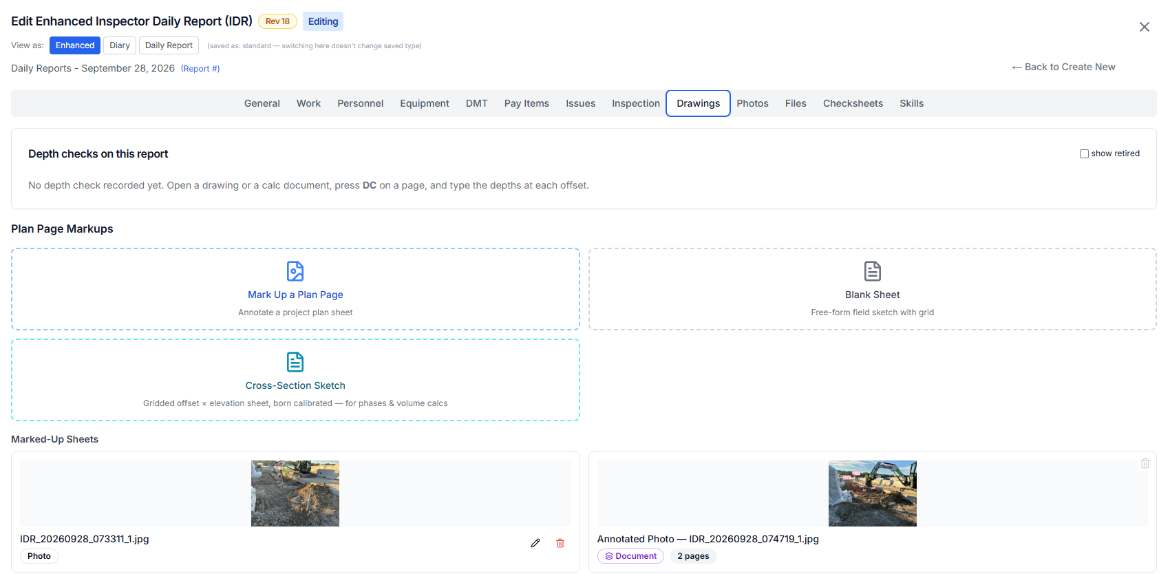 The Drawings tab of a daily report: depth checks, three ways to start a drawing — mark up a plan page, a blank sheet, a cross-section sketch — and two marked-up sheets already on the report, one a photo and one a two-page annotated document.