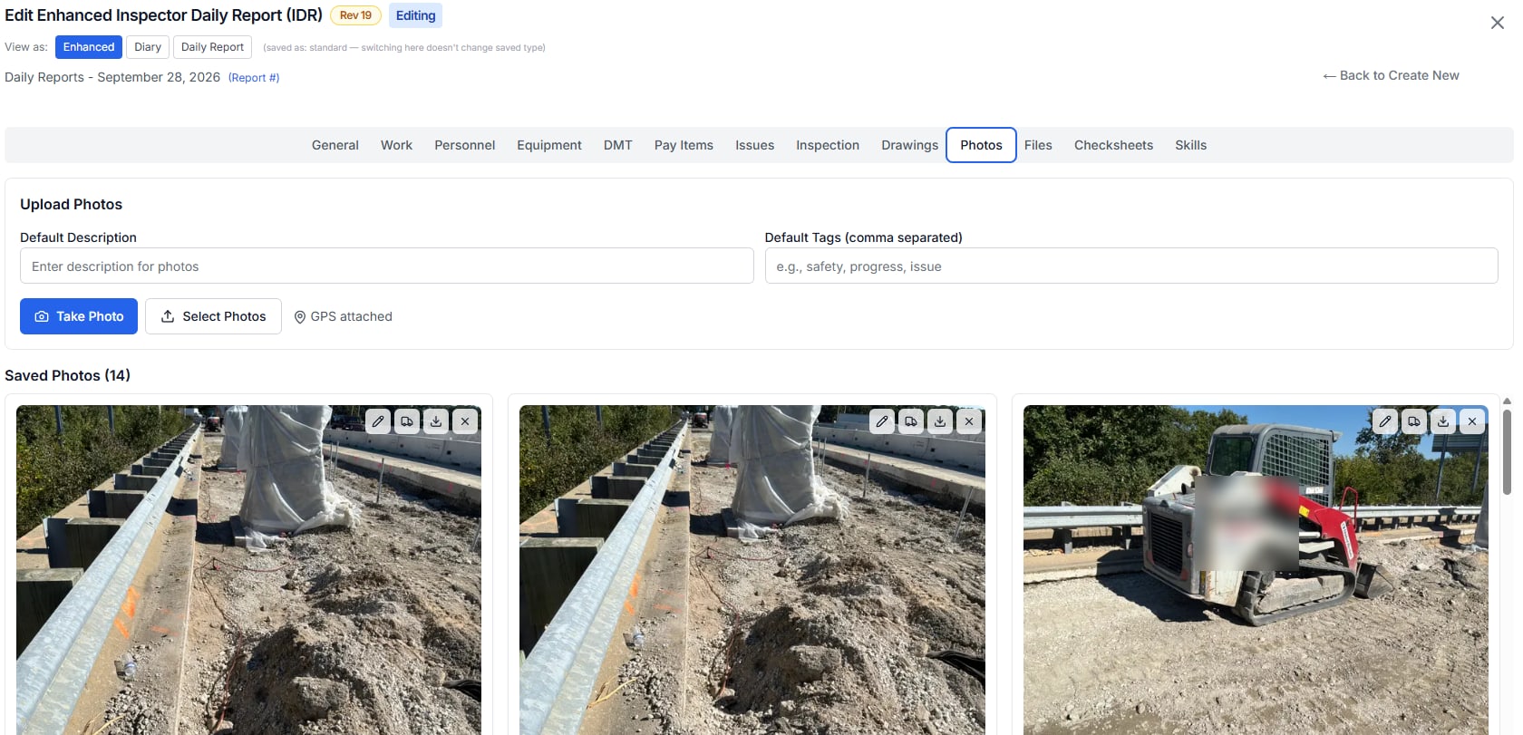 The Photos tab of a daily report with fourteen saved photos: buttons to take a photo or select photos, a note that GPS is attached, and three of the saved site photographs, each with its own row of buttons in the corner.
