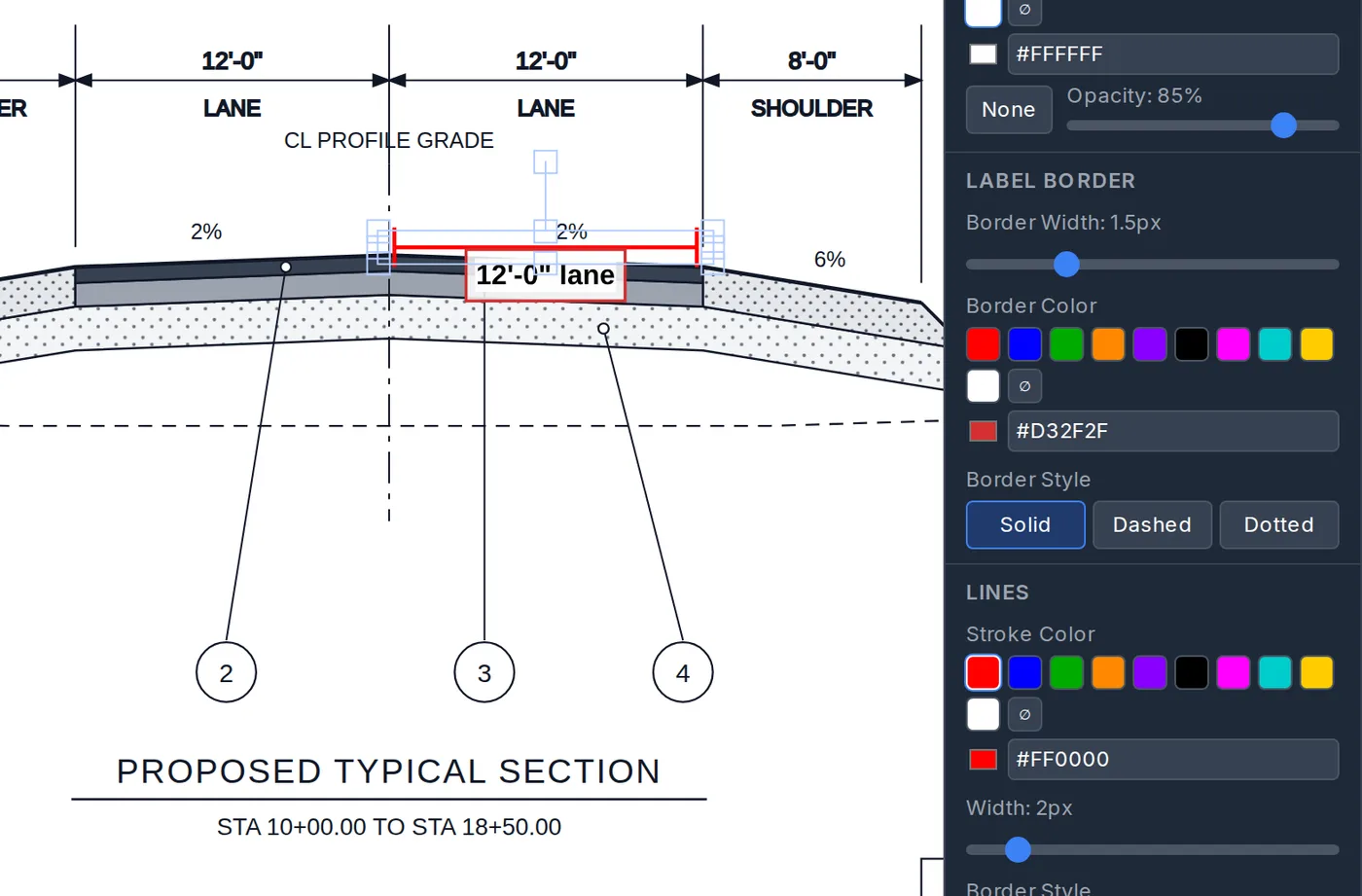 A measurement on the sample typical section: red dimension lines, the label "12'-0" lane" in a red border, and the Style panel's separate Label Border and Lines settings